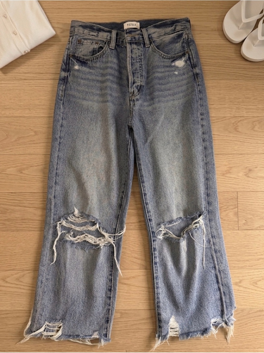 pistola light blue distressed straight leg jeans